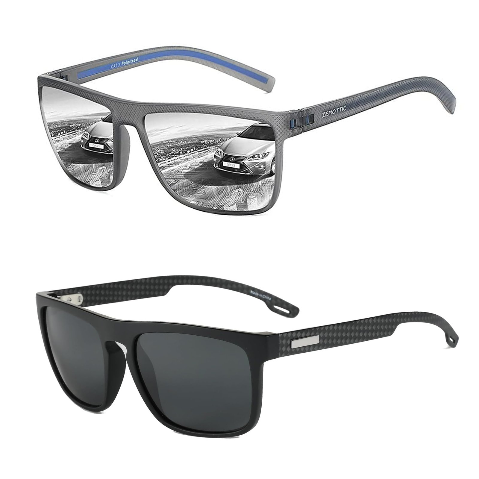 ZENOTTIC Polarized Sunglasses for Men, Lightweight TR90 Square Frame, UV400 Protection, 2 Pack